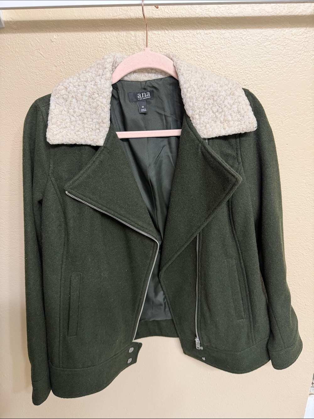 A New Approach Women Moto Jacket Size M Earthy Green Sherpa Assymetrical Zip